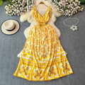 Frenchretrotie back suspender dresssummer women's sense of designniche style waist slimming look large swing floral long skirt