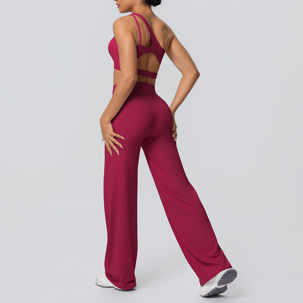 fashion double-sided nylon brushed single-shoulder yoga suit sports running fitness wide-leg two-piece set for women