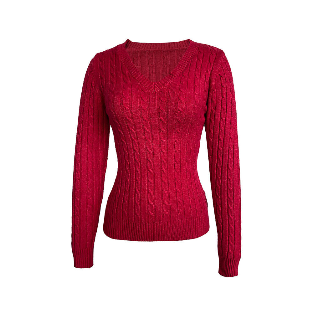 Cross-border Europe, America,  autumn and winter new women's casual V-neck slim-fit woolen top pullover long-sleeved red sweater