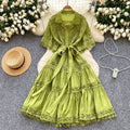 French court style hollow-out lace patchwork turn-down collar short sleeve dress - women's tie-waist elegant midi swing dress