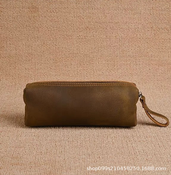 Hot-selling retro genuine leather stationery pencil case, top grain crazy horse leather handmade coin purse, student stationery organizer