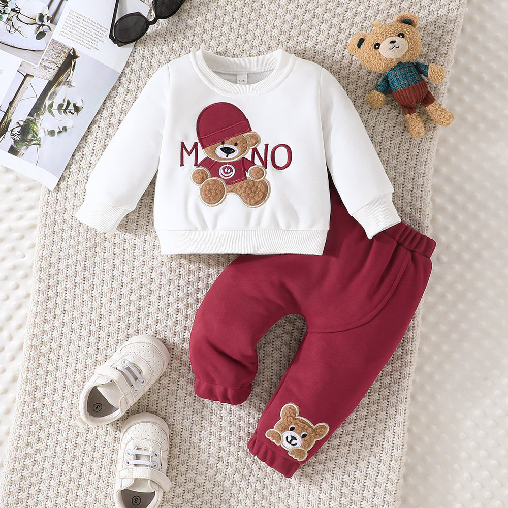 cross-border e-commerce children's wear: new autumn/winter cartoon letter hat bear embroidered hoodie and pants two-piece set