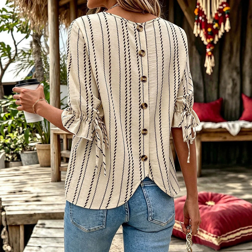 summer cross-border european and american women's textured striped top with single-row button-down back, tie-up detail, and ruffle sleeves - loose fit blouse