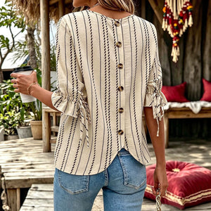 summer cross-border european and american women's textured striped top with single-row button-down back, tie-up detail, and ruffle sleeves - loose fit blouse