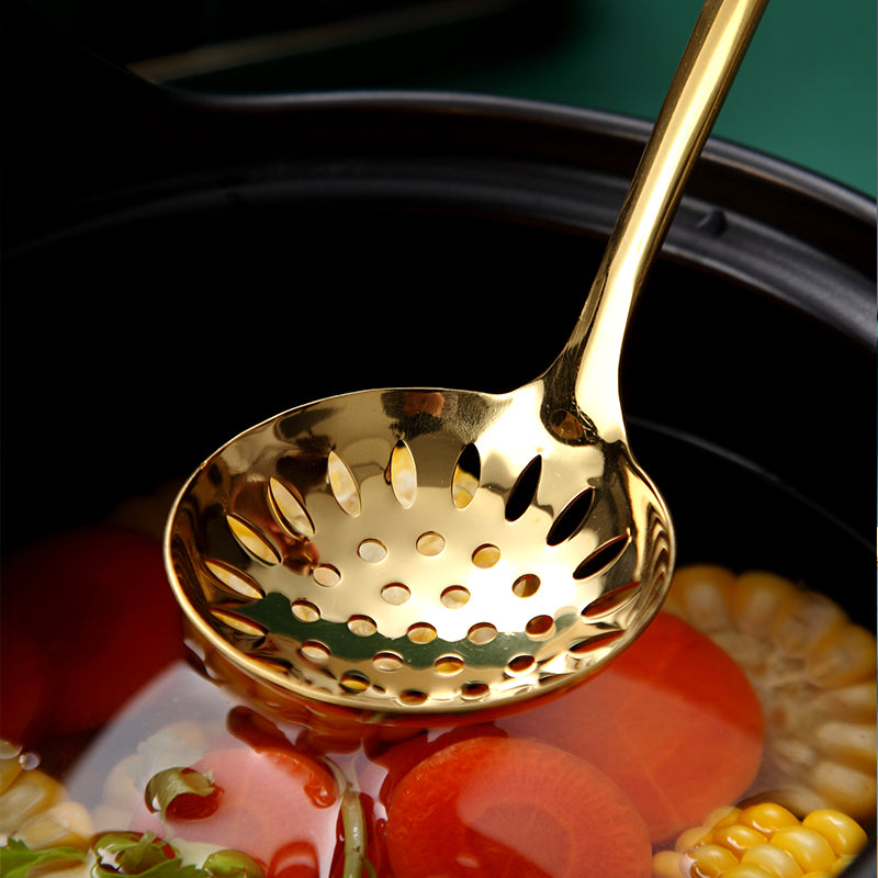 Household large soup spoon long handle hot pot colander set stainless steel popular scandinavianaccessible luxury style emerald spoon