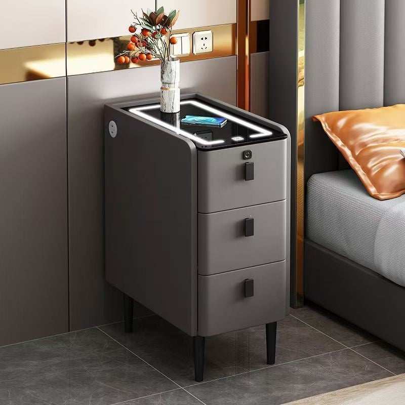 Ultra-narrow solid wood nightstand - modern minimalist, light luxury, multifunctional smart wireless charging bedside table for bedroom