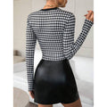 Women's houndstooth print long sleeve slim fit top with button detail - perfect for parties and nightclubs