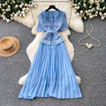 Elegant red lace short-sleeve patchwork dress - women's summer high-end commute style with pleated skirt