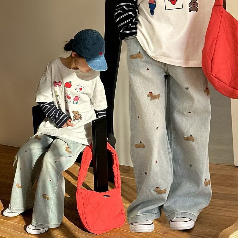 spring/autumn kids' casual fashion straight-leg jeans - girls' stylish dachshund 3d embroidered versatile denim pants