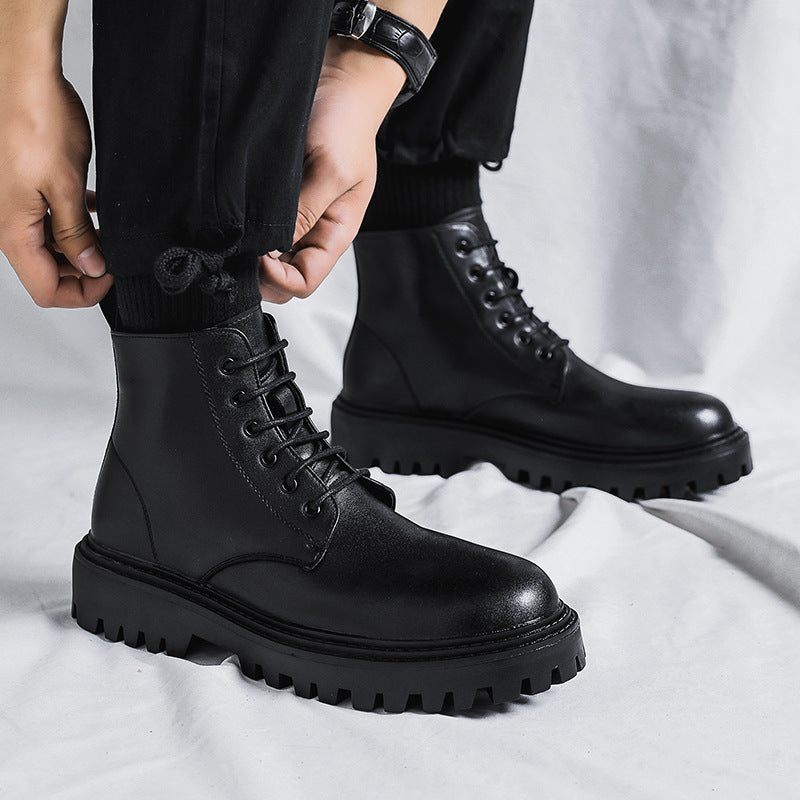 Popular martin boots for men, high-top trendy spring & fall british style, retro mid-top leather shoes, heightening black leather boots