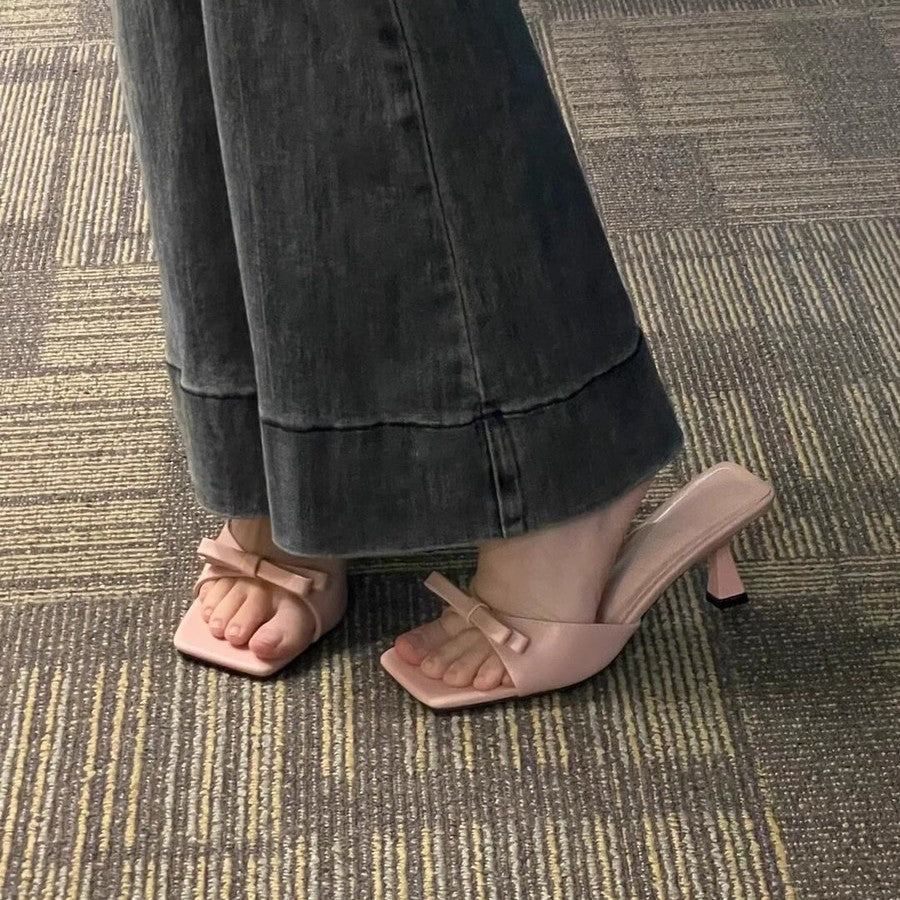 French square toe small sandals thin heel high heels women 2025 summer new arrival bows one-line slippers half slippers