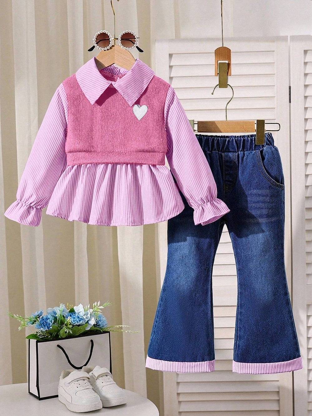 new autumn cross-border girls' collared shirt with patchwork top + denim flare pants two-piece set