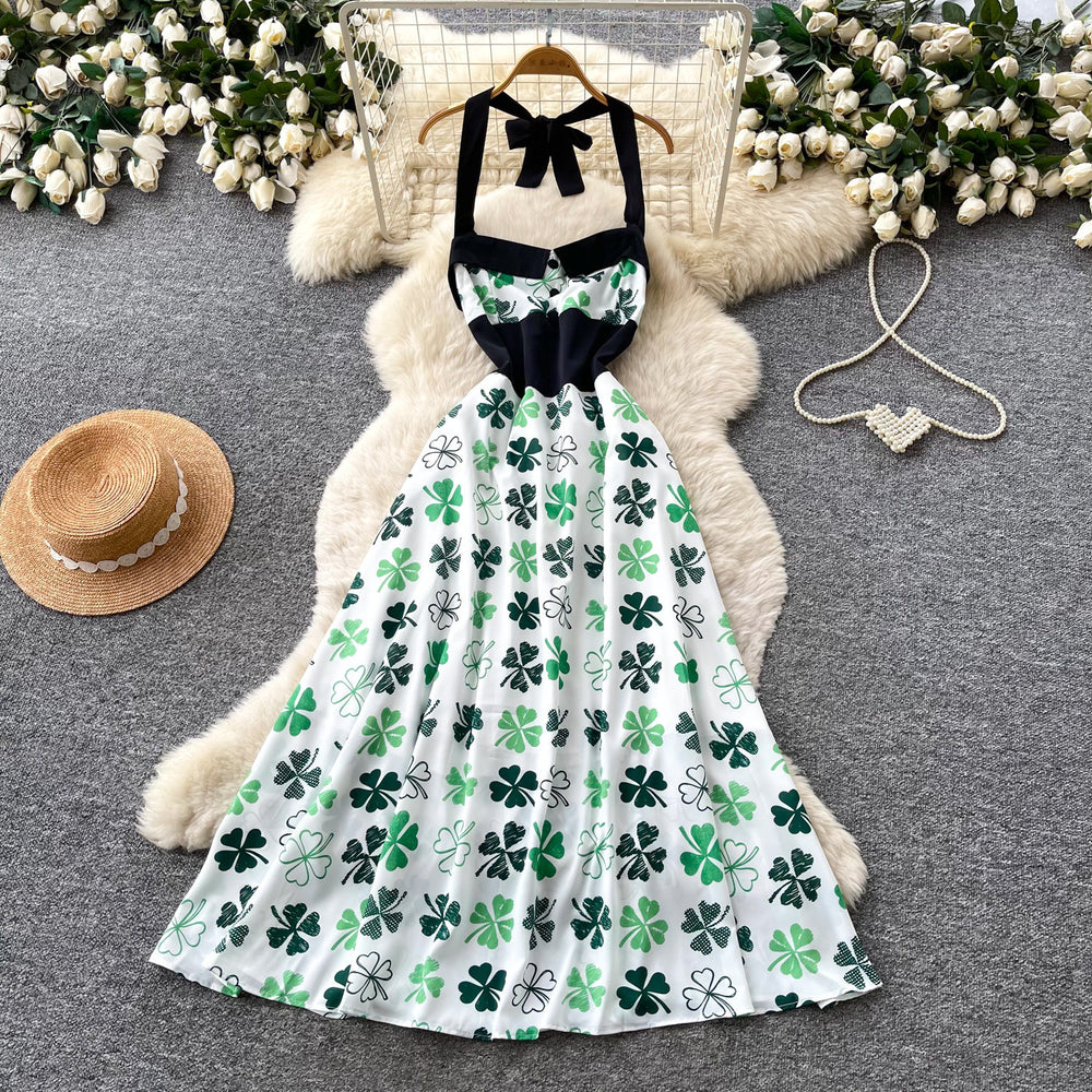 Retro style halterprintingbacklessdress women's summer sleeveless tie back high waistslimming lookelegant a-line skirt