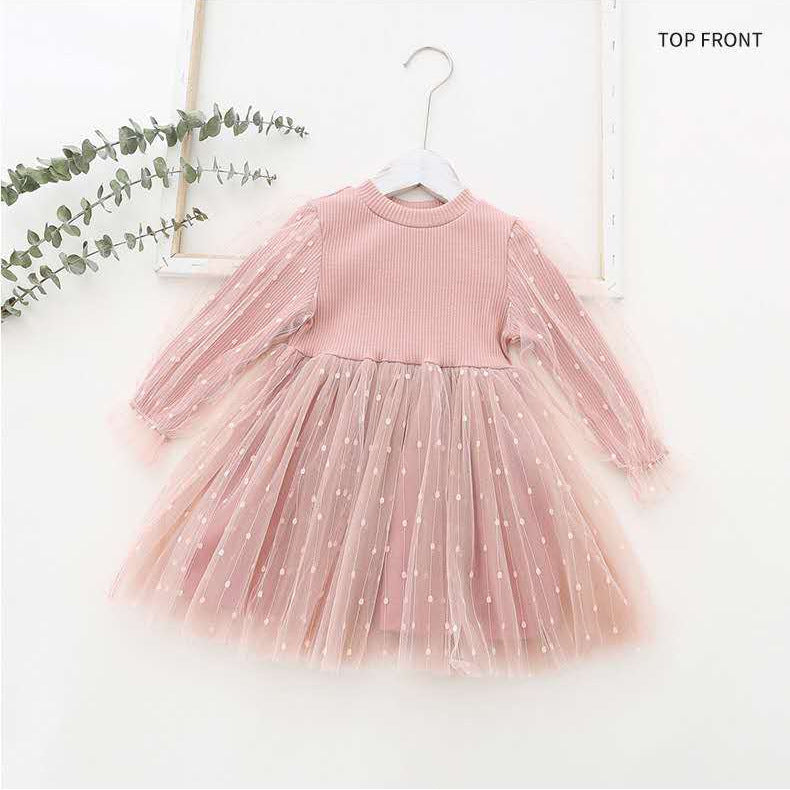 Girls' autumn new arrivals: girls' dress, girls' tulle skirt - stylish bubble sleeve knitted mesh skirt