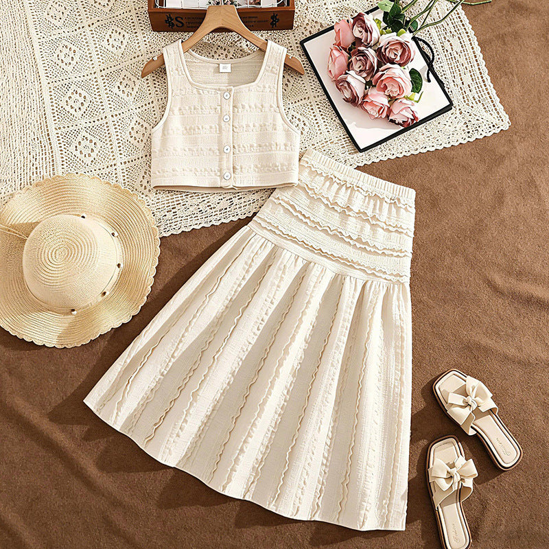 spring/summer girls' outfit: fresh & chic sleeveless top with ruched midi skirt set