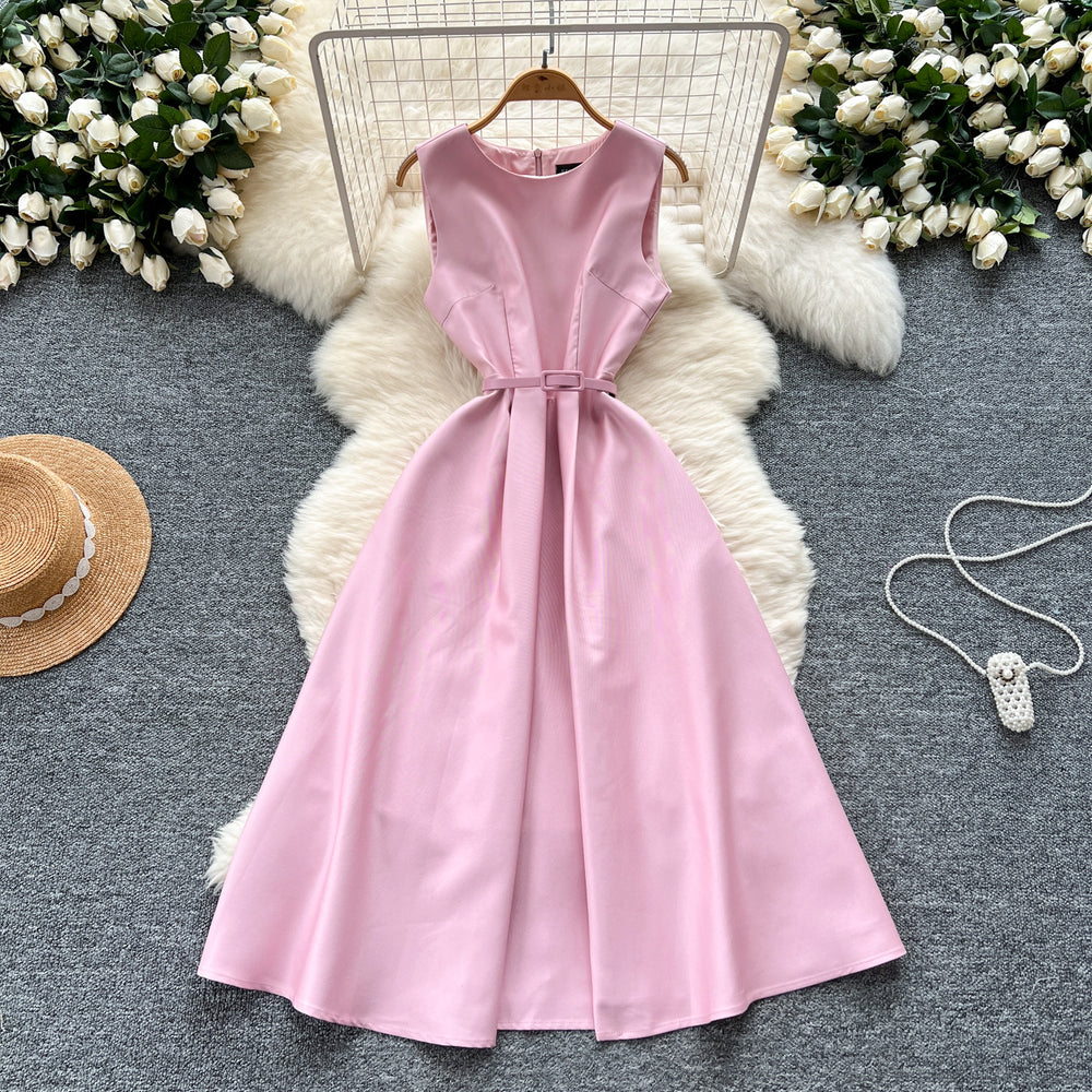 French style mini dress for women, summer , high-end design with belted waist, round neck, sleeveless, a-line maxi dress