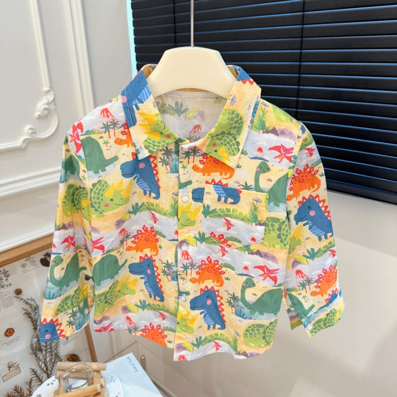 Kids' 100% cotton shirt - new autumn collection: korean style, all-over cartoon print, long-sleeve casual top - versatile and stylish for boys