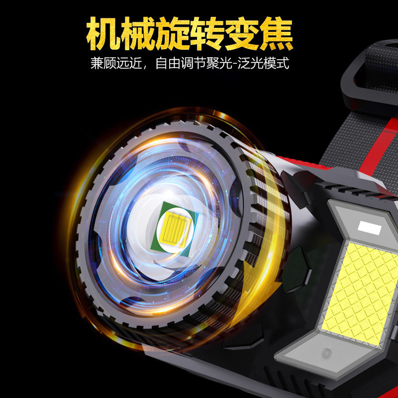 Cross-border new LED rotary zoom T6 strong light headlight, outdoor lighting night fishing light USB charging sensor headlight