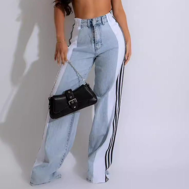 new european and american style fashion denim patchwork three-stripe wide-leg jeans casual stretch straight-leg trousers