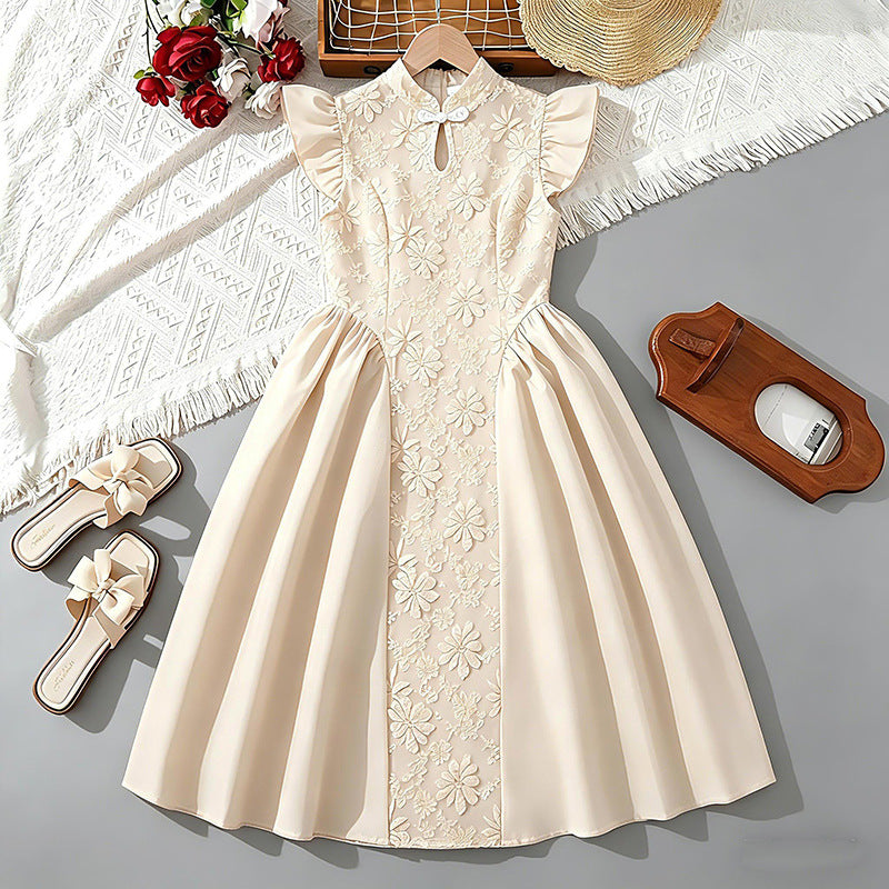 Girldress cross-border children's clothing summernew arrival red chinoiserie heavy industry embroideredpatchwork waist dress princess dress