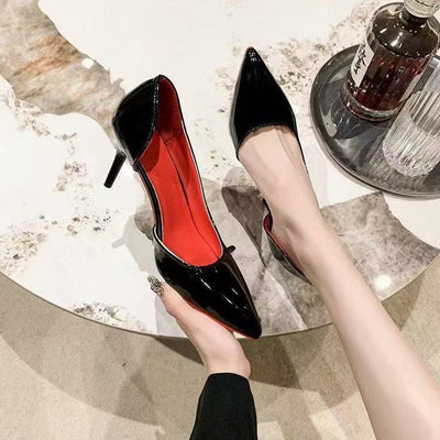 2025 new high heels, open-side design, nude sexy patent leather pumps, professional pointed-toe red sole, elegant style
