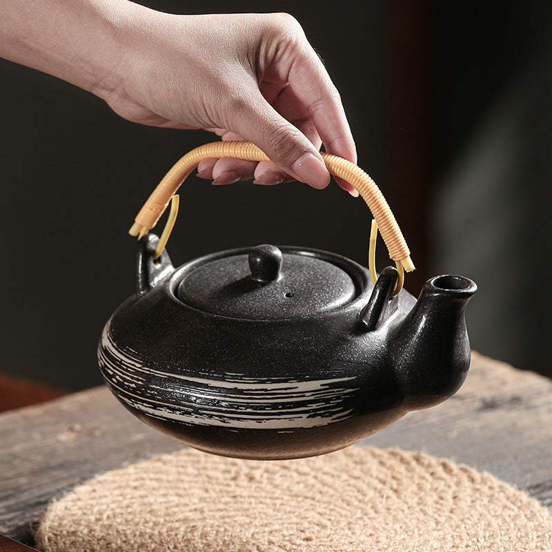 Japanese retro ceramic home tea maker tea cup single pot creative bamboo handle satchel tea set cold water kettle suit
