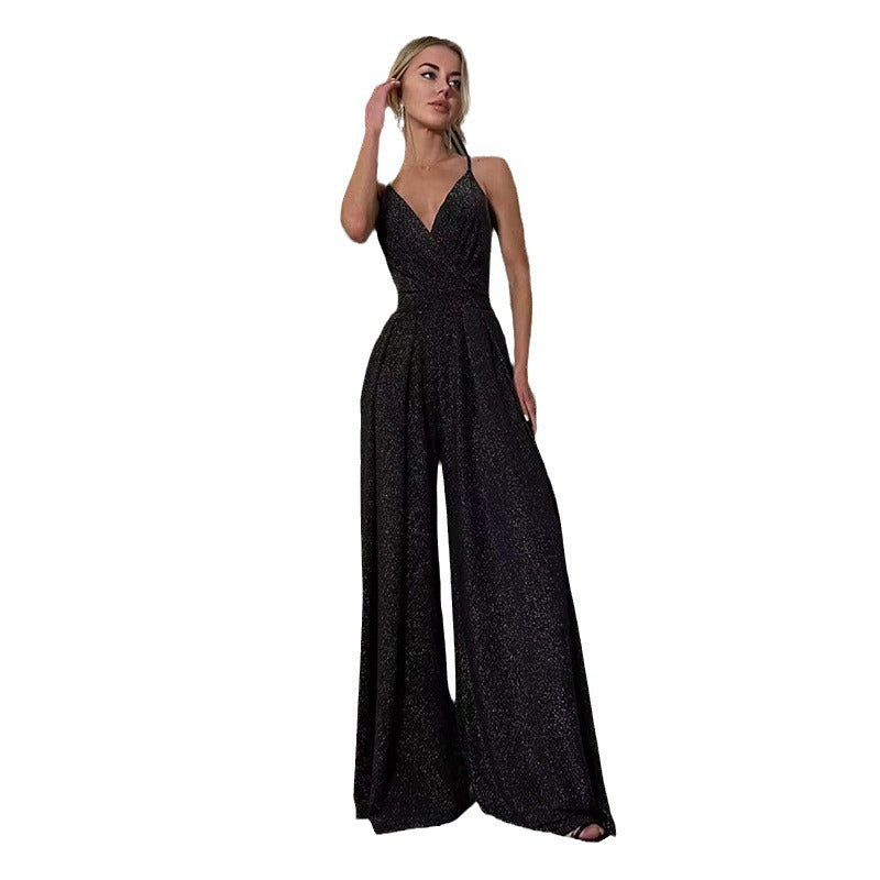 2025 fashion cross-border export new amazon sleeveless sling v neck tight hip backless wide leg jumpsuit