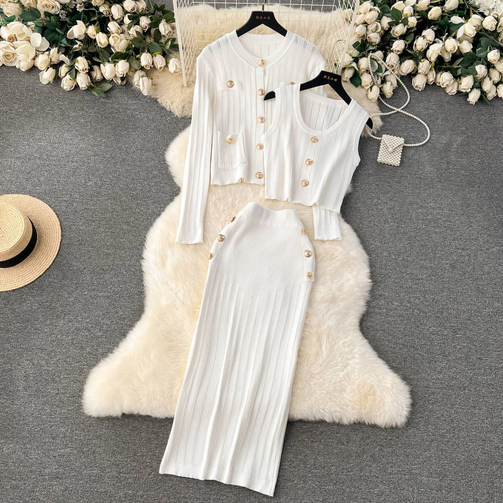 Xiaoxiangfengsuit early spring wear short vest easiest for matchknittingcardigan double-breasted skirtelegant three-piece set