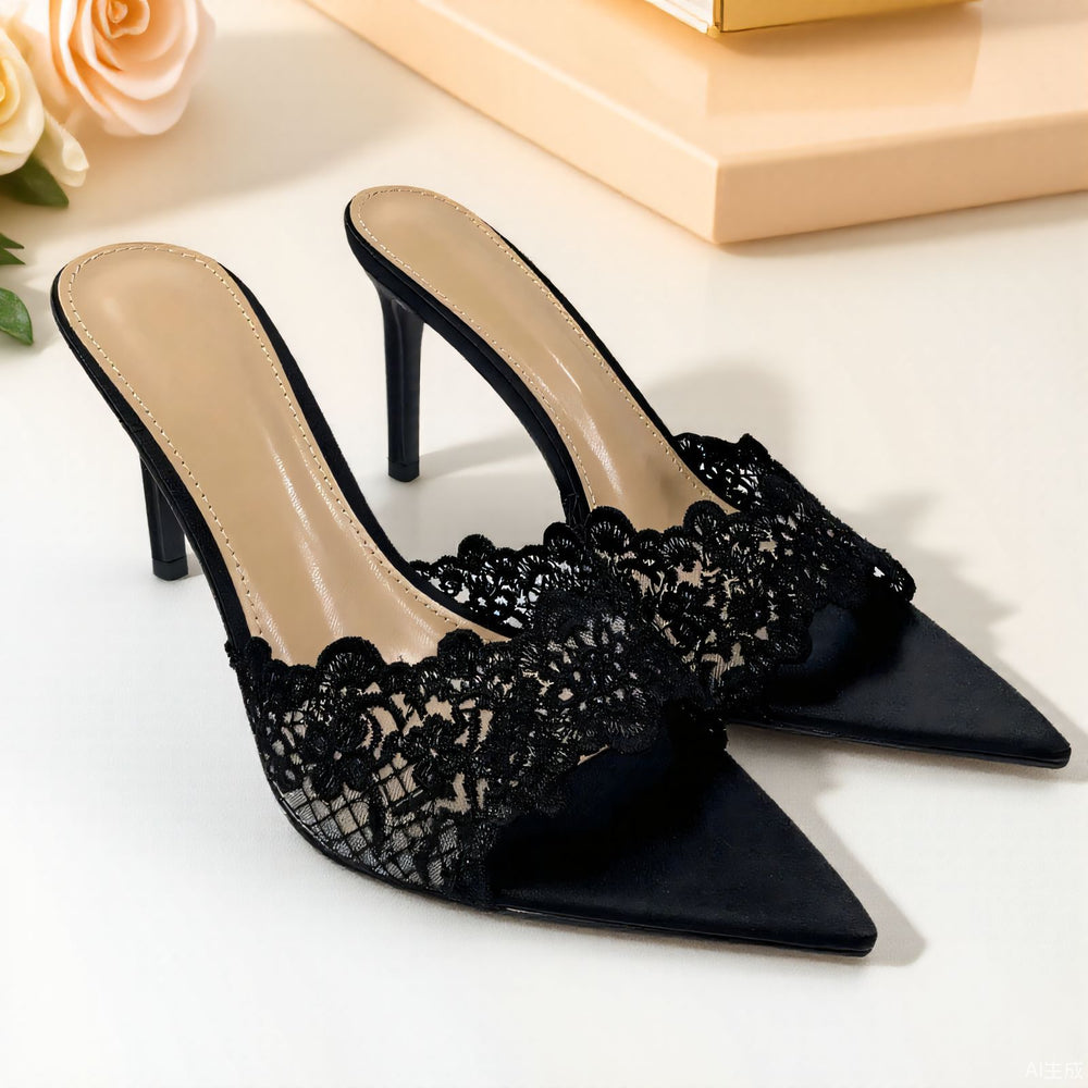 2026 summer huizhou european and american pointed-toe stiletto lace high heel slippers, single strap champagne fashion outdoor sandals