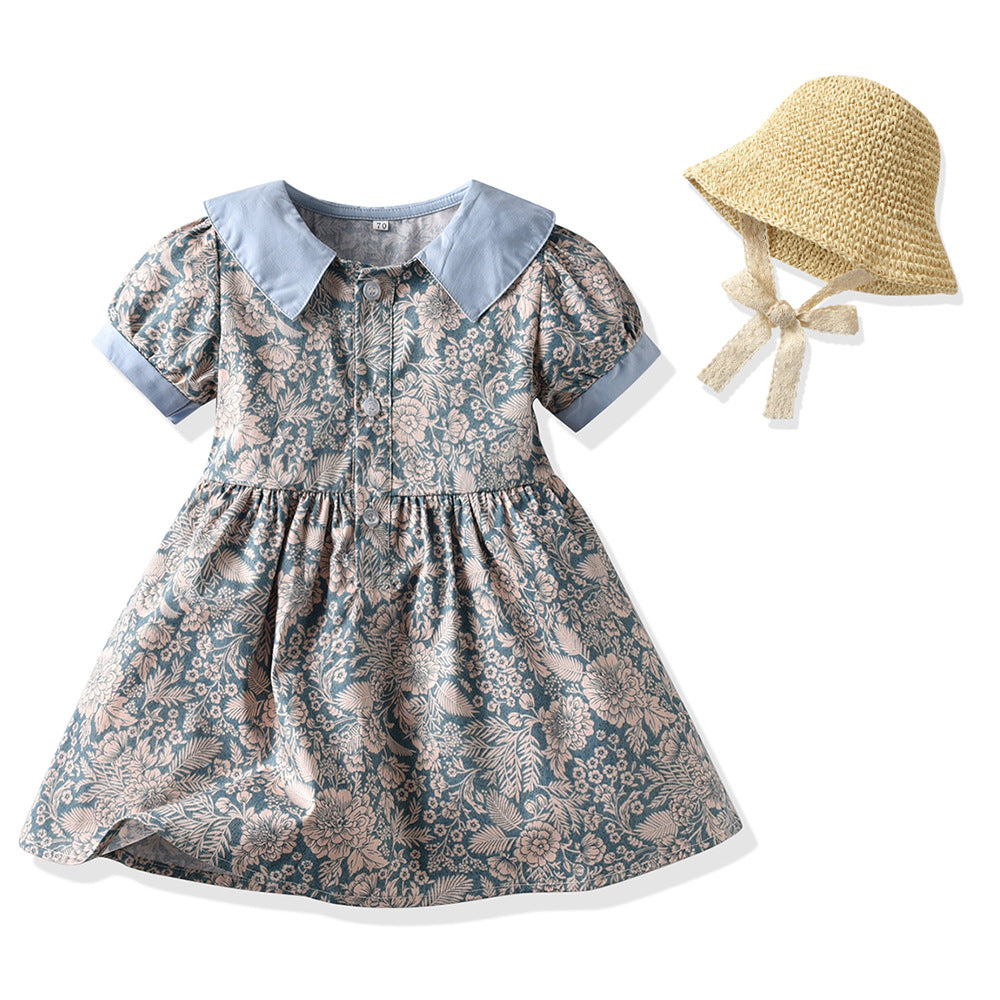 Girls' floral print cotton dress with straw hat - vintage-inspired, chic, and sweet