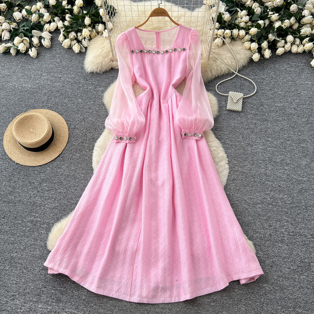 French gentle style heavy industry beading lantern sleeve dress women's k-style slimming lookhigh waista line elegance long skirtelegant