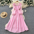 French gentle style heavy industry beading lantern sleeve dress women's k-style slimming lookhigh waista line elegance long skirtelegant