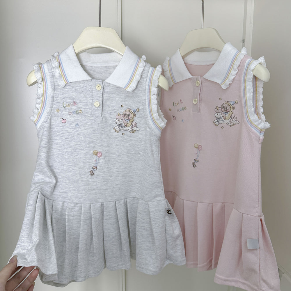 Girls' clothing : preppy korean style casual polo collar pleated skirt - trendy summer vest dress for girls