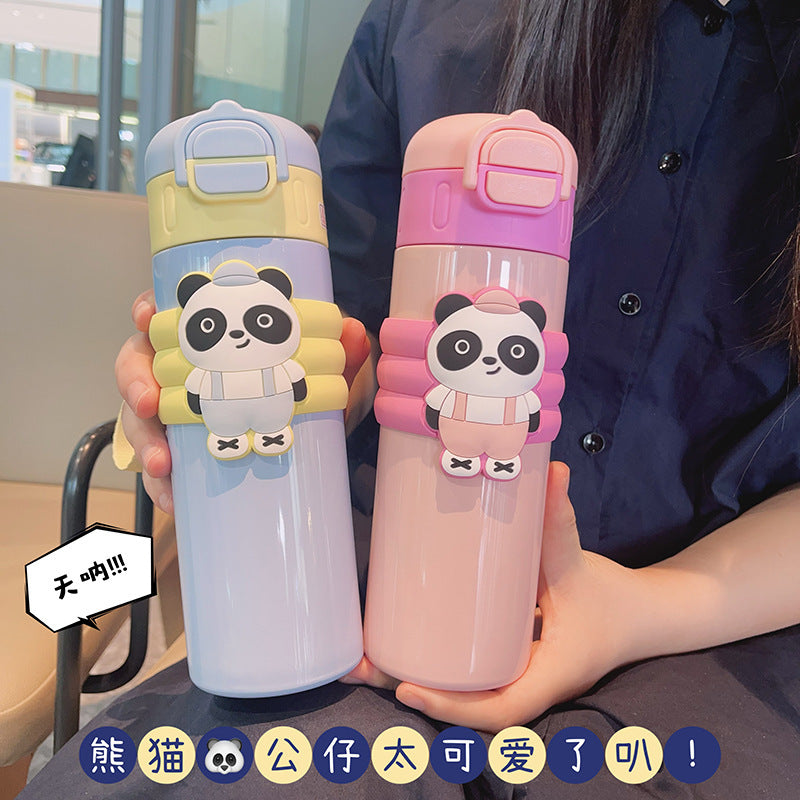 Cartoon red panda straight body insulated water bottle, 316 stainless steel, large capacity, dual-drink kids' water bottle, cute straw cup