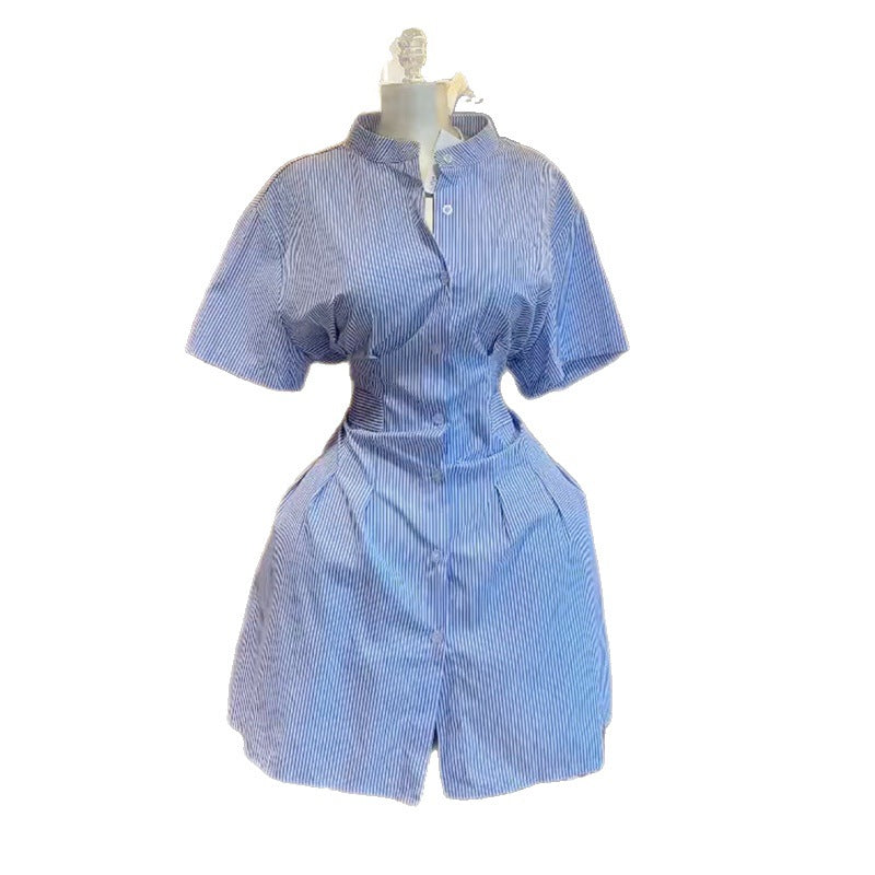 European and american cross-border women's fashion:  spring new arrival - elegant and stylish blue striped slim-fit short-sleeve shirt dress