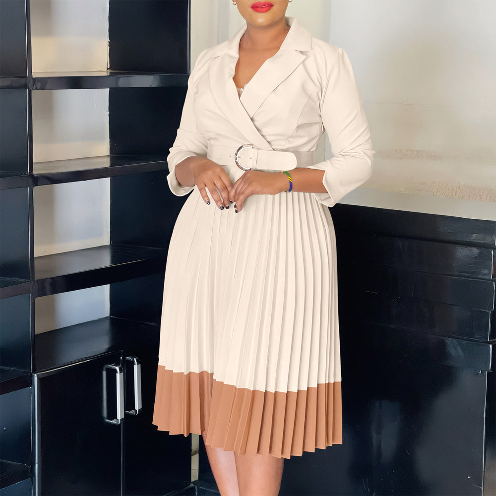 D3318  cross-border women's spring blazer collar fashion color block ol elegant pleated high waist african dress