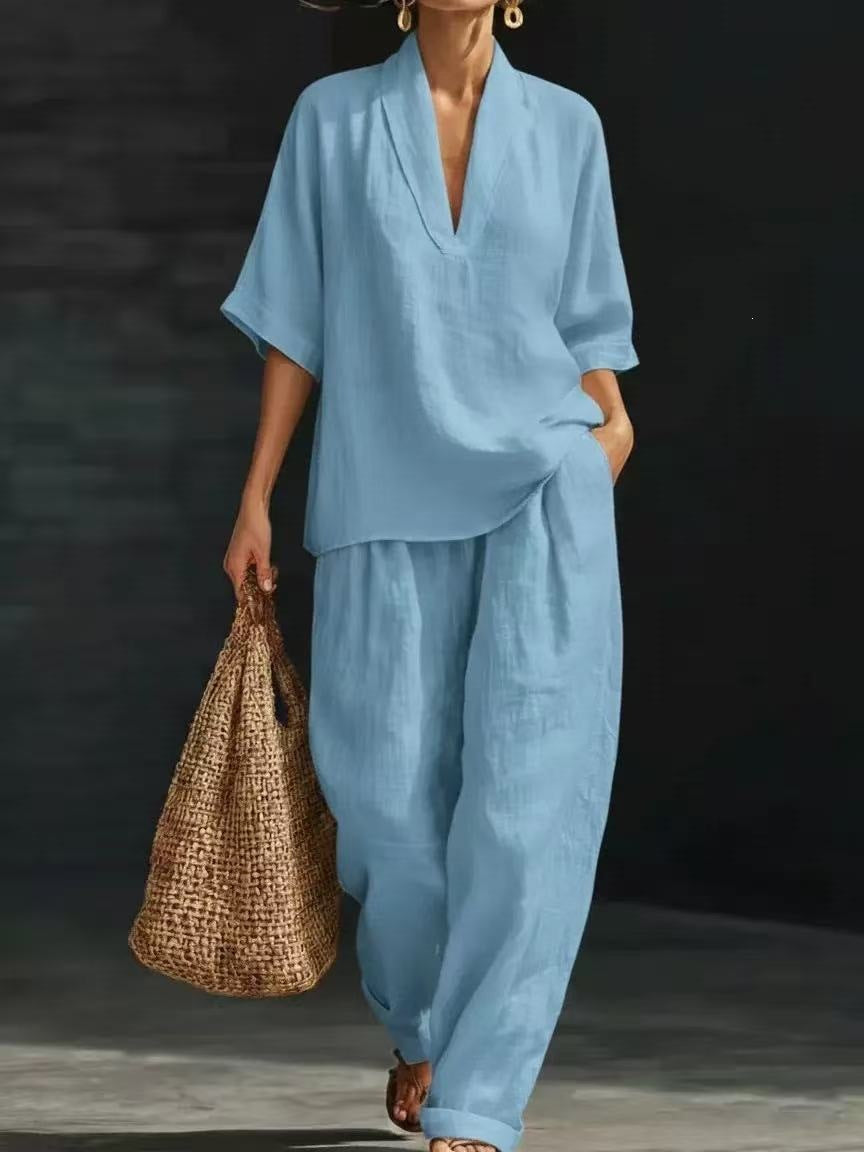 cross-border spring women's casual comfort linen two-piece set