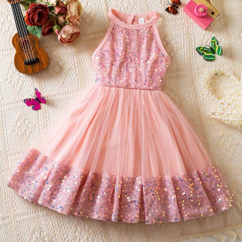 new girls' sleeveless dress - sweet bowknot mesh a-line dress for toddlers and young children - european and american style