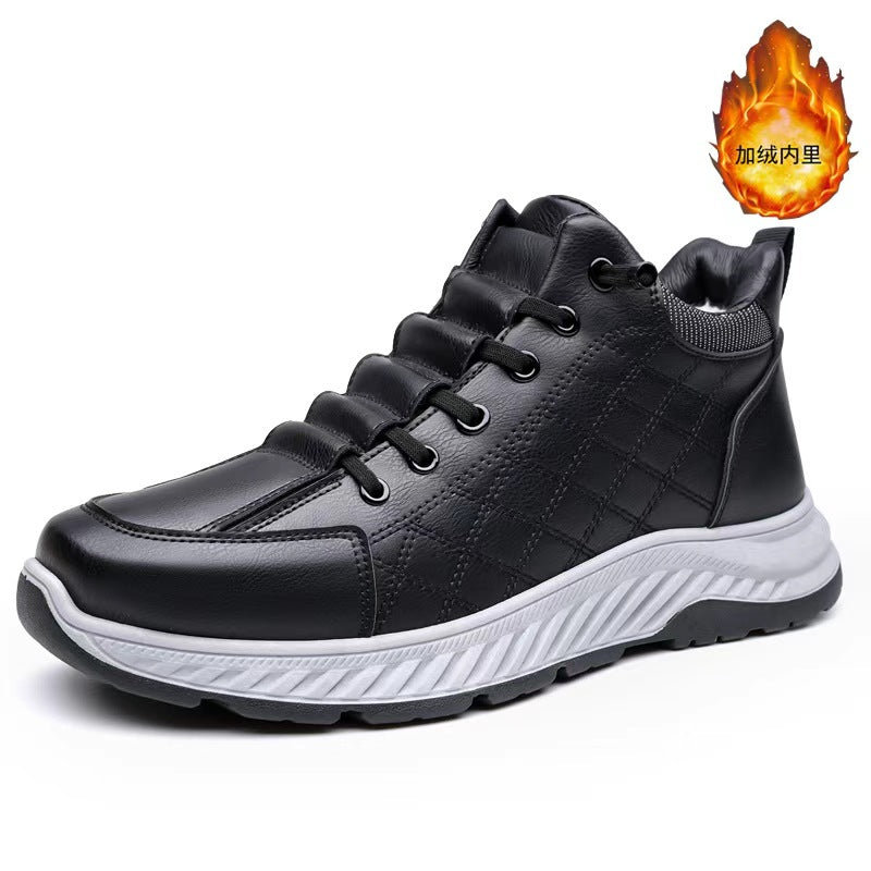 2025 winter men's new collection: fleece-lined, extra-thick casual sneakers, cotton shoes, non-slip, warm, leather upper, chunky sole, dad shoes