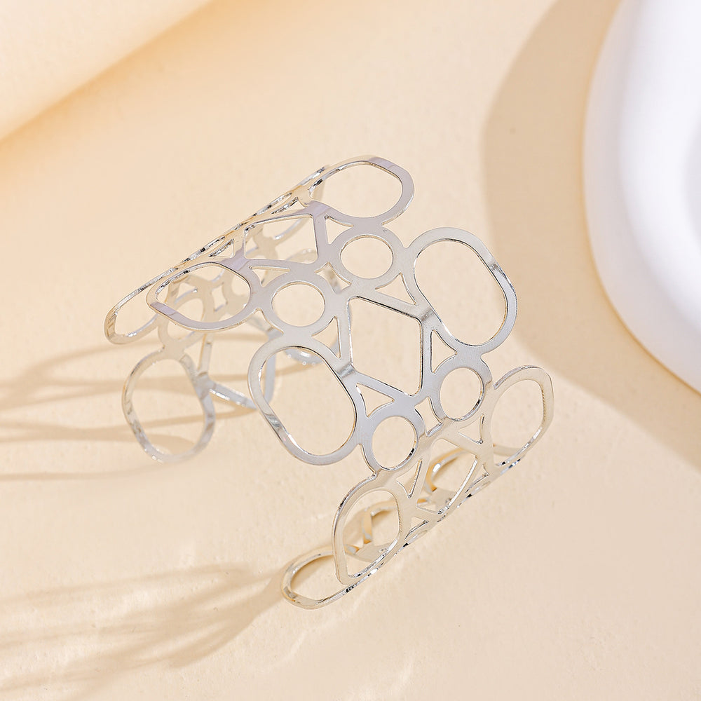 Wholesale hollow-out bangle bracelets - european & american cross-border jewelry, unique polished alloy bangles, high-end wide geometric bracelets for women