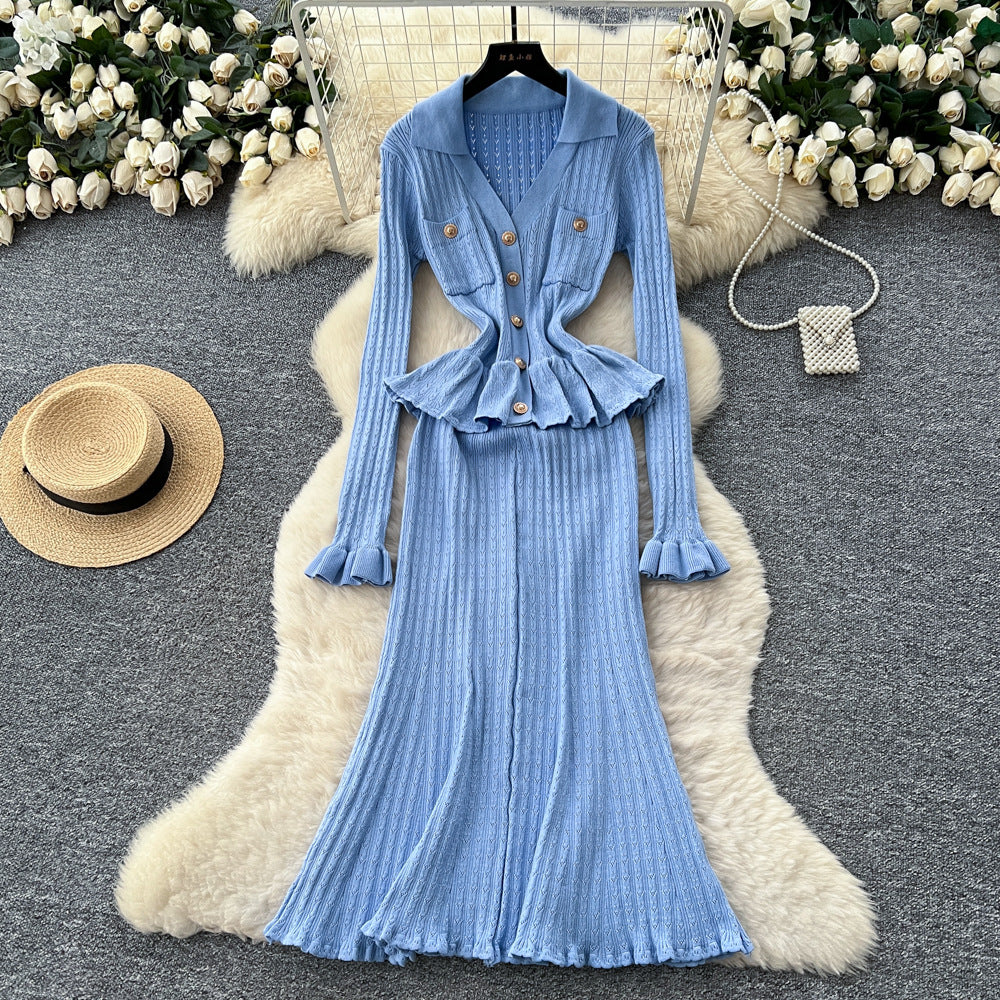 Xiaoxiangfengclassy sense of celebrity heavy industry metal buckle v neck waist rufflespatchwork waist knittingdress female