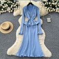 Xiaoxiangfengclassy sense of celebrity heavy industry metal buckle v neck waist rufflespatchwork waist knittingdress female