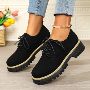 autumnew arrival cross-border plus size medium heel square heel flats women's k-style round toe tie backexport loafers women's flats