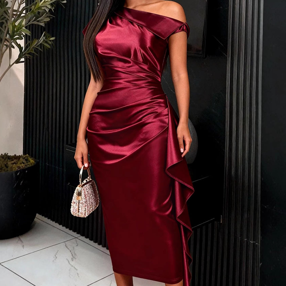 Burgundy slimming bodycon mini dress - one-shoulder high-waisted satin ruffle hem party dress