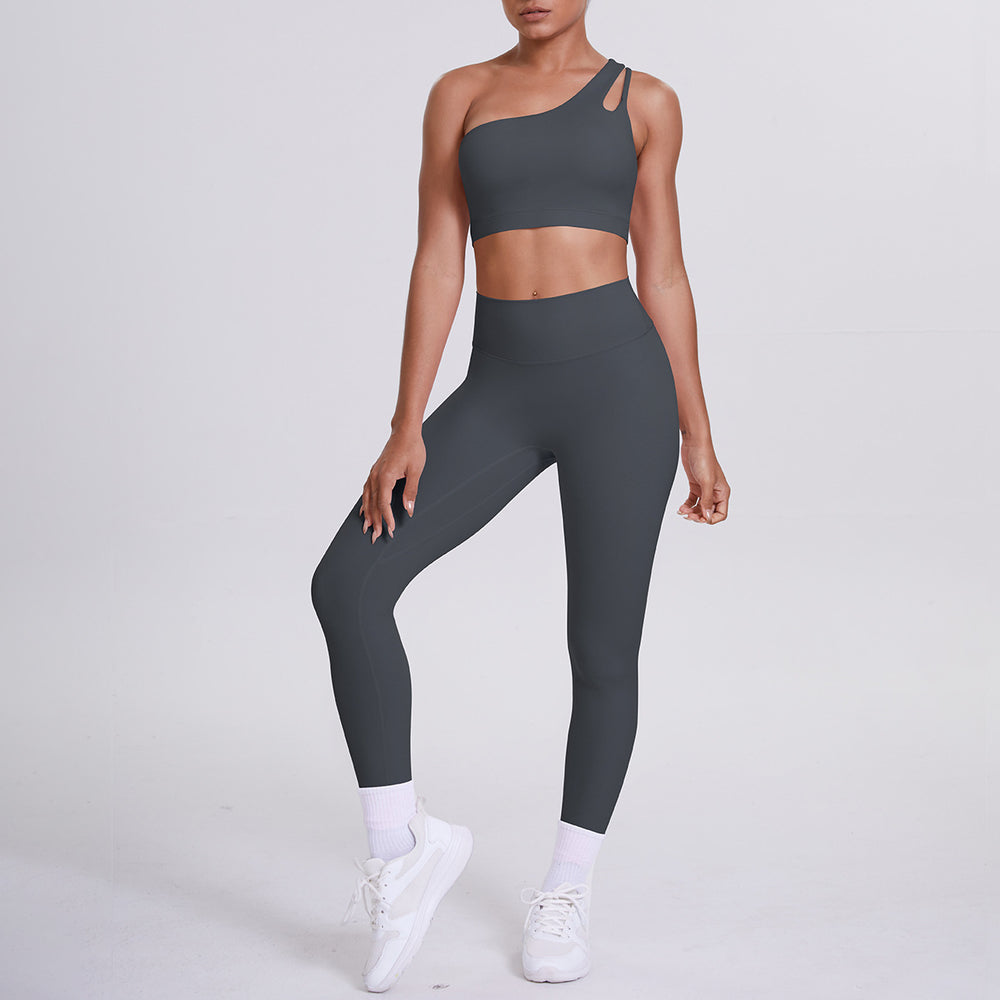 fashion double-sided nylon brushed single-shoulder yoga suit sports running fitness pants two-piece set for women