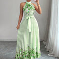European and american cross-border women's summer  elegant halter neck tie waist floral print pleated maxi swing dress