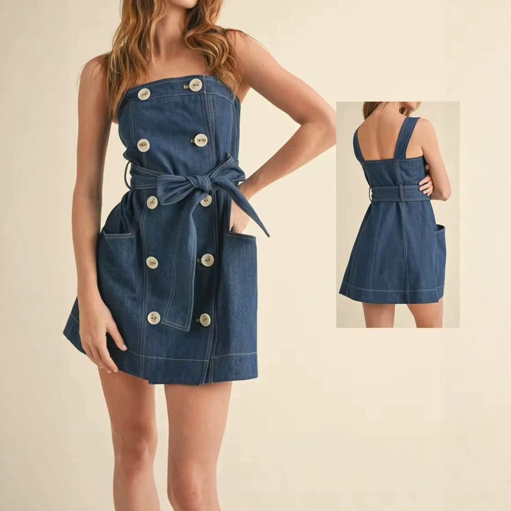 new arrivalfashion denim silm mid-waist strap suspender button dress backlesssexy