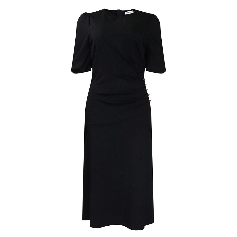 D3215 european and american cross-border new arrival  solid color round neck puff sleeve slim fit waist plus size african dress