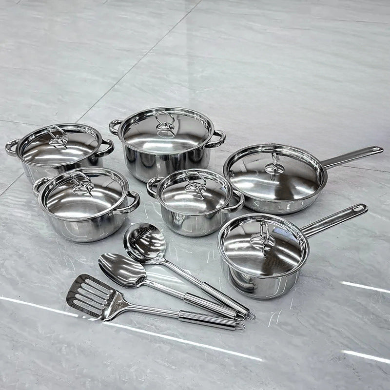 Customized fifteen-piece pot set for home with double bottom and non-magnetic stove neutral milk pot frying pan suit housewarming gift