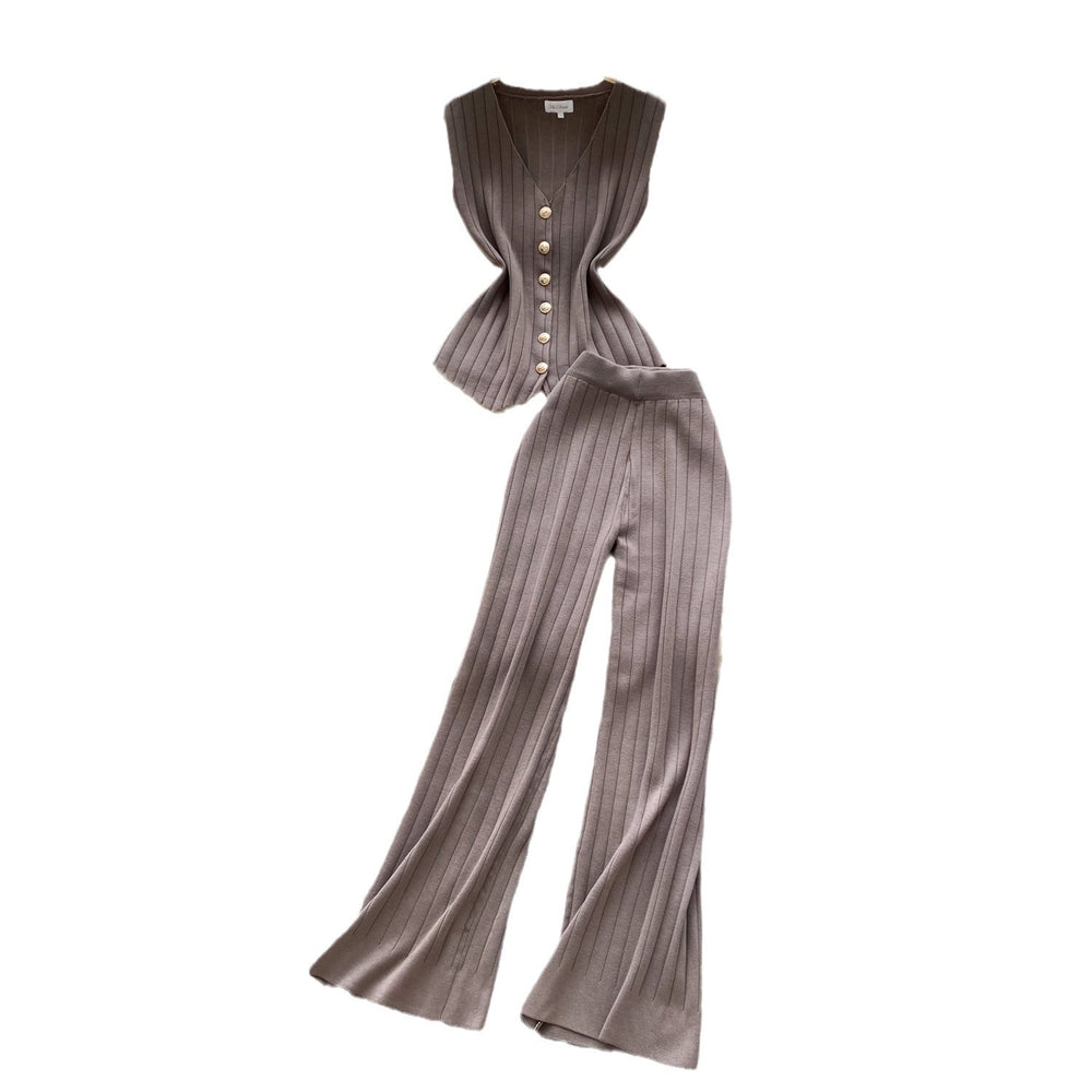 Qianjin feng classy suit autumn winter sleeveless v neckknitting shirt +high waistslimming lookslimming lookloose pantssuit